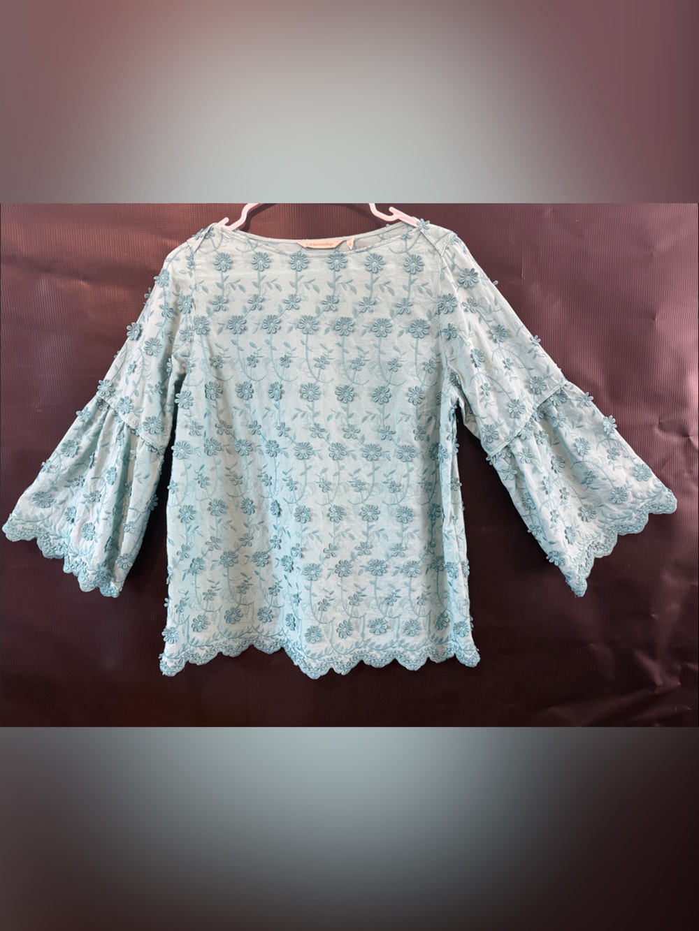 Soft Surroundings Light Blue Floral Embroidered Bell-Sleeve Top
